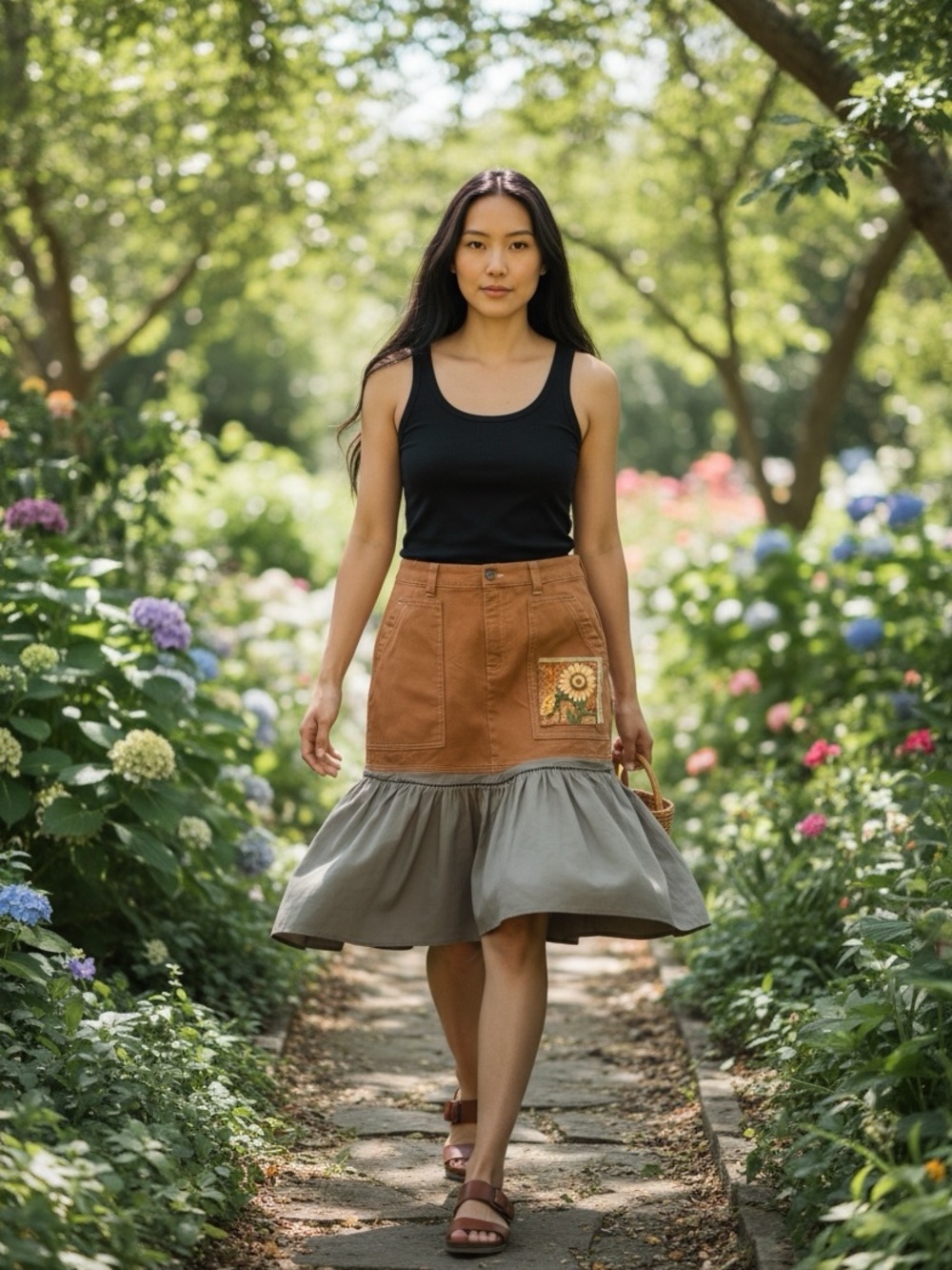Upcycled Two-Tone Cotton Tiered Midi Skirt in Rusty Orange and Olive Green